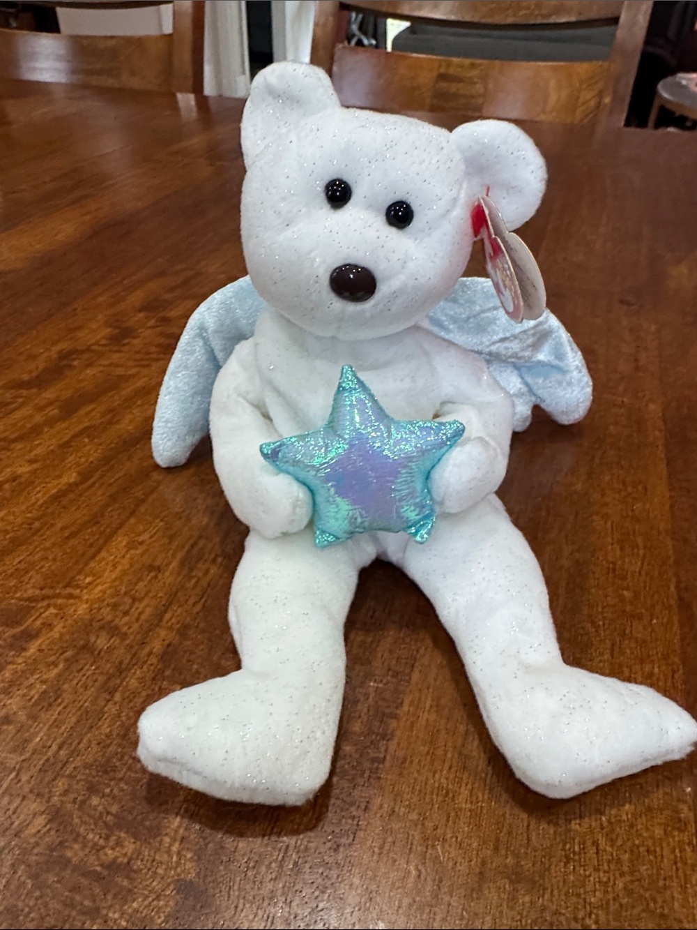 Ty Beanie Babies “Star” White Sparkle Bear Plush with Iridescent Star